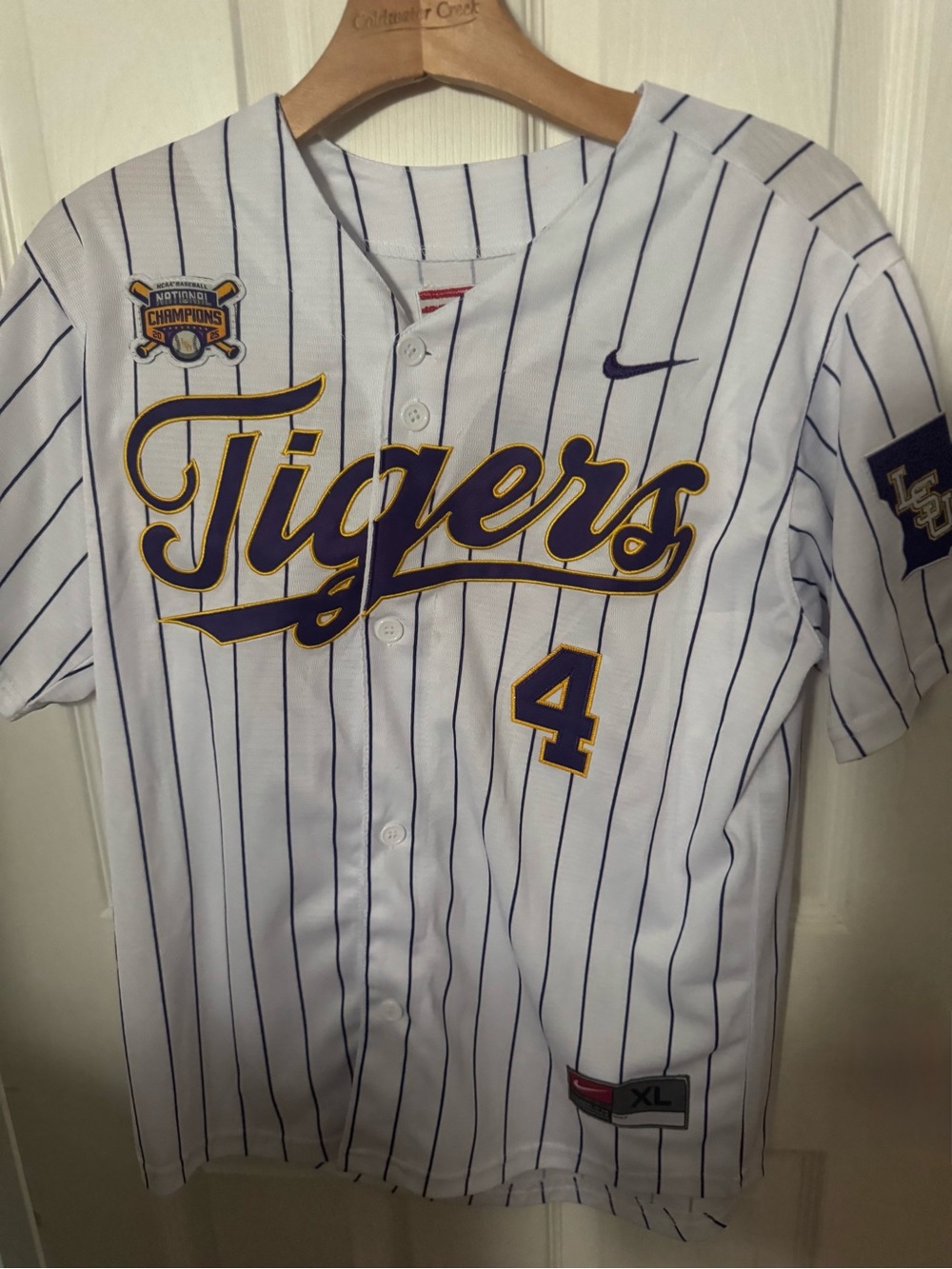 Nike White Pinstripe Tigers Baseball Jersey with Purple & Gold Accents